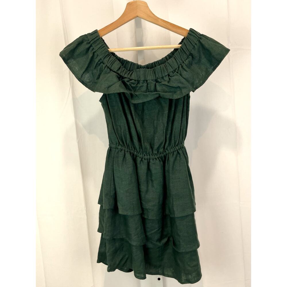 SIR. THE LABEL Size 0 XS 2 Linen Tiered Ruffle Dress Mini Off Shoulder Green - Picture 3 of 8